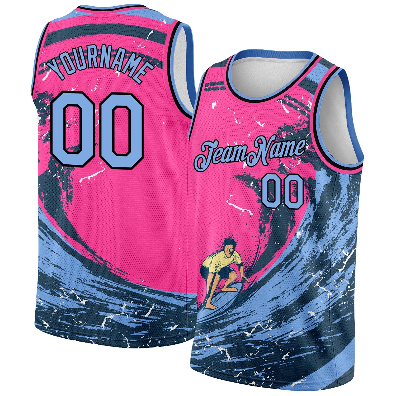 Custom Pink Light Blue-Black 3D Pattern Summer Beach Surfing Authentic Basketball Jersey - Sky-Custom
