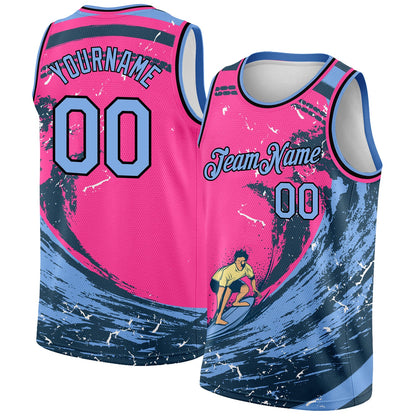 Custom Pink Light Blue-Black 3D Pattern Summer Beach Surfing Authentic Basketball Jersey - Sky-Custom