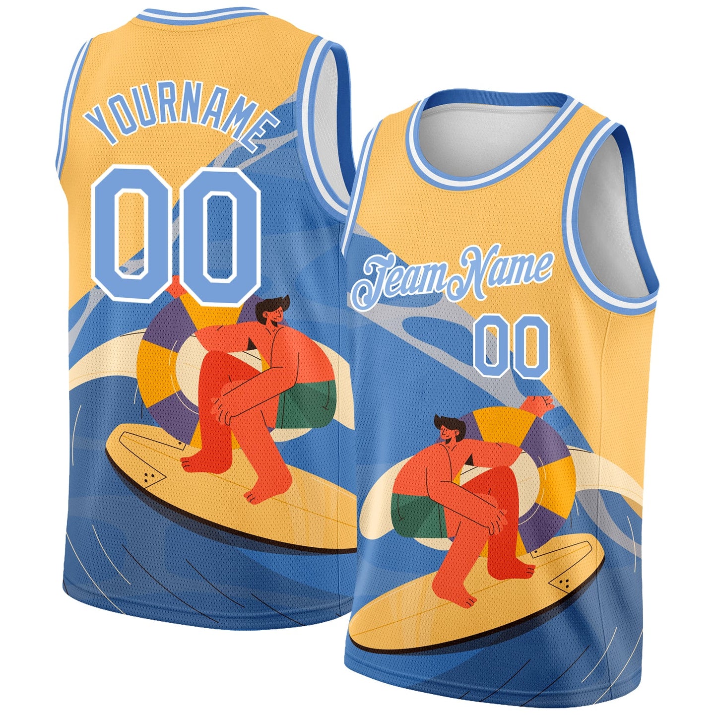 Custom Gold Light Blue-White 3D Pattern Summer Beach Surfing Authentic Basketball Jersey - Sky-Custom