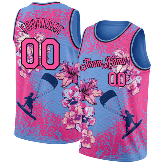 Custom Light Blue Pink-Black 3D Pattern Flowers And Beach Surfing Authentic Basketball Jersey - Sky-Custom