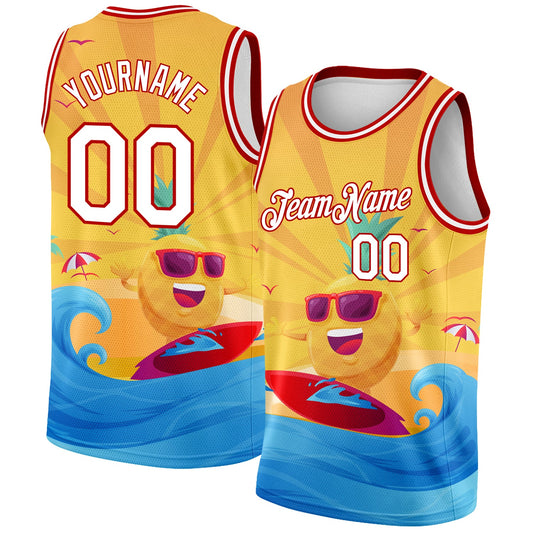 Custom Gold White-Red 3D Pattern Summer Beach Surfing Authentic Basketball Jersey - Sky-Custom