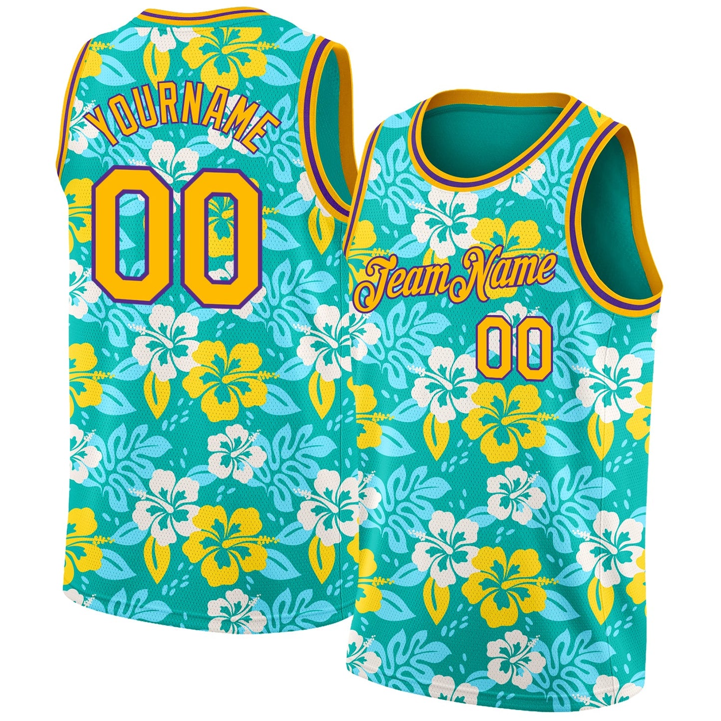 Custom Aqua Gold-Purple 3D Pattern Hawaii Flowers Authentic Basketball Jersey - Sky-Custom