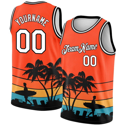 Custom Orange White-Black 3D Pattern Hawaii Beach Palm Trees Authentic Basketball Jersey - Sky-Custom
