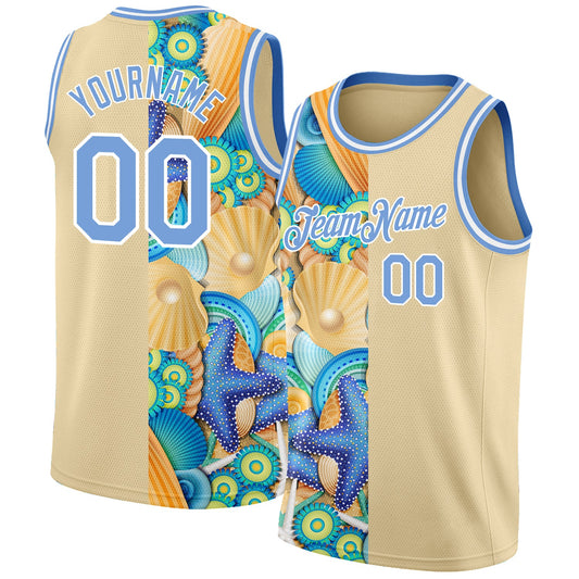 Custom City Cream Light Blue-White 3D Pattern Beach Seashells And Starfishes Authentic Basketball Jersey - Sky-Custom