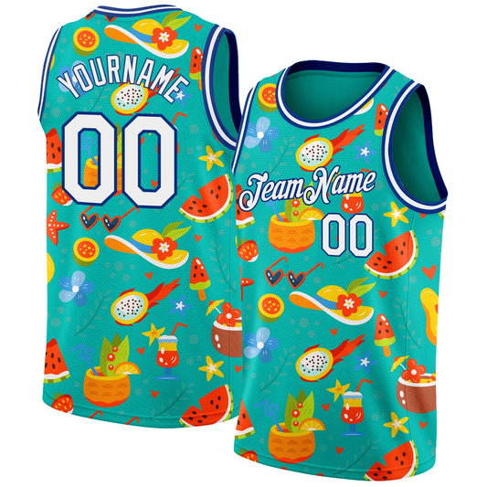 Custom Aqua White-Royal 3D Pattern Summer Hawaii Beach Holiday Authentic Basketball Jersey - Sky-Custom