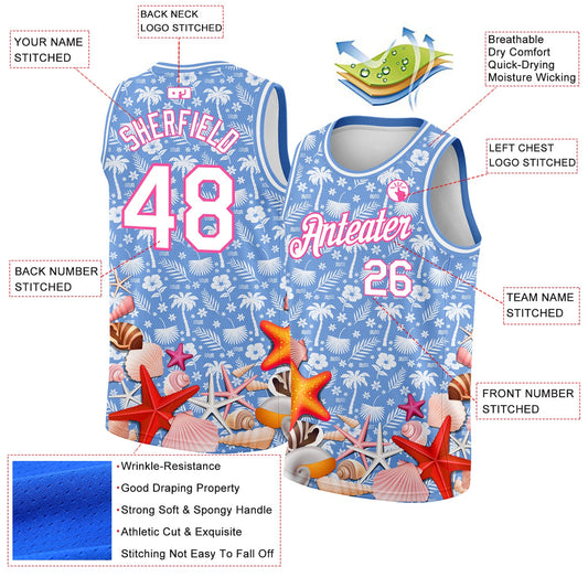 Custom Light Blue White-Pink 3D Pattern Hawaii Palm Trees And Starfishes Authentic Basketball Jersey - Sky-Custom