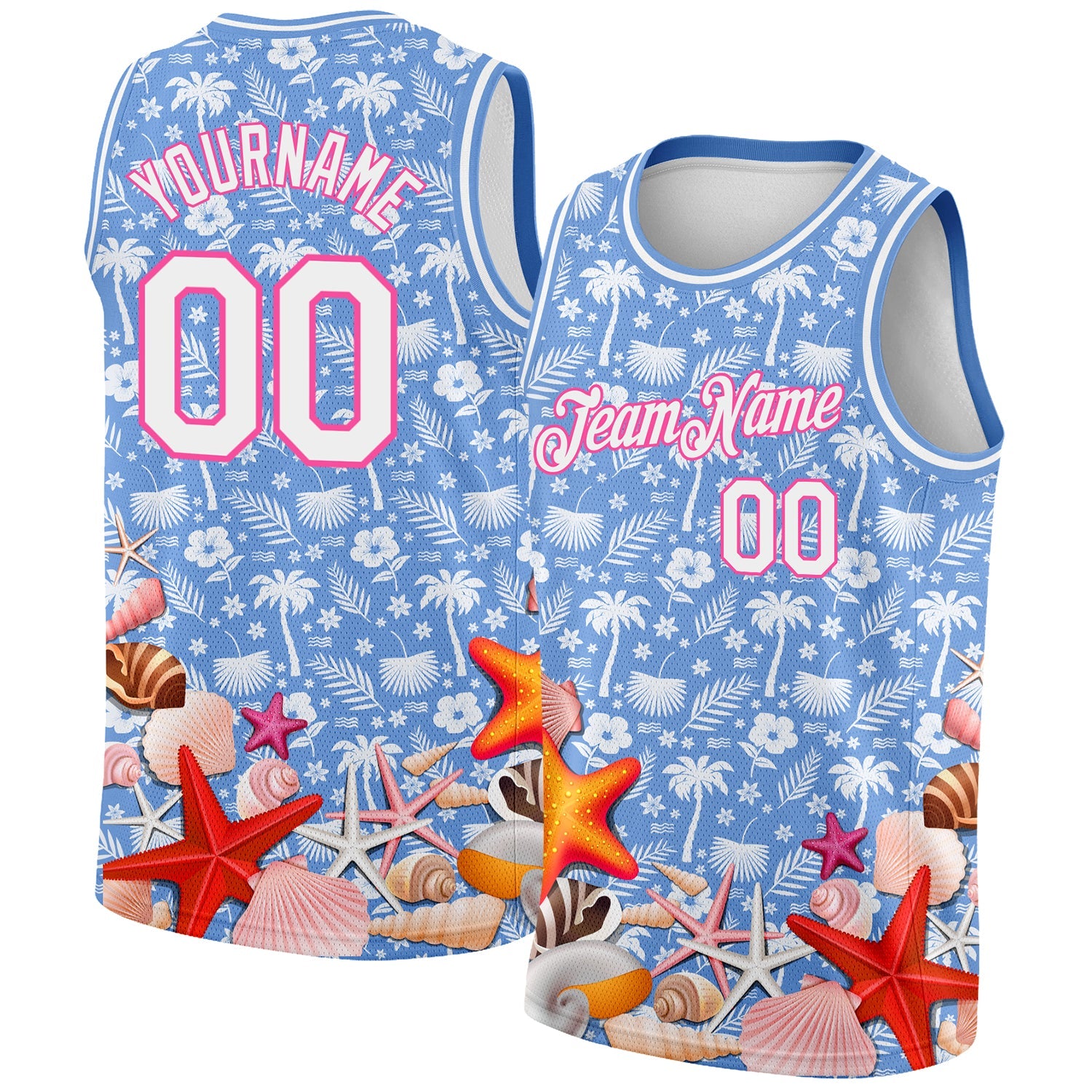 Custom Light Blue White-Pink 3D Pattern Hawaii Palm Trees And Starfishes Authentic Basketball Jersey - Sky-Custom