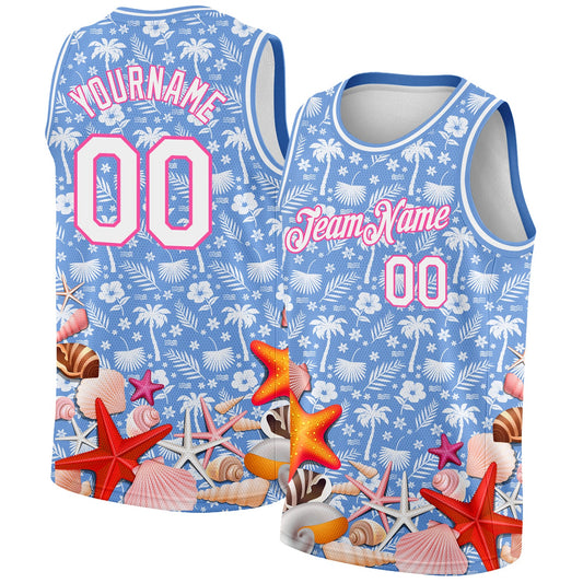 Custom Light Blue White-Pink 3D Pattern Hawaii Palm Trees And Starfishes Authentic Basketball Jersey - Sky-Custom