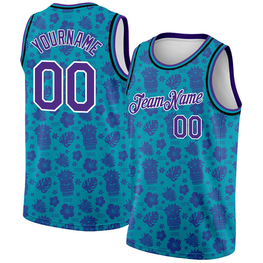 Custom Teal Purple-White 3D Pattern Hawaii Palm Trees Authentic Basketball Jersey - Sky-Custom
