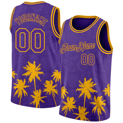 Custom Purple Gold 3D Pattern Hawaii Palm Trees Authentic Basketball Jersey - Sky-Custom