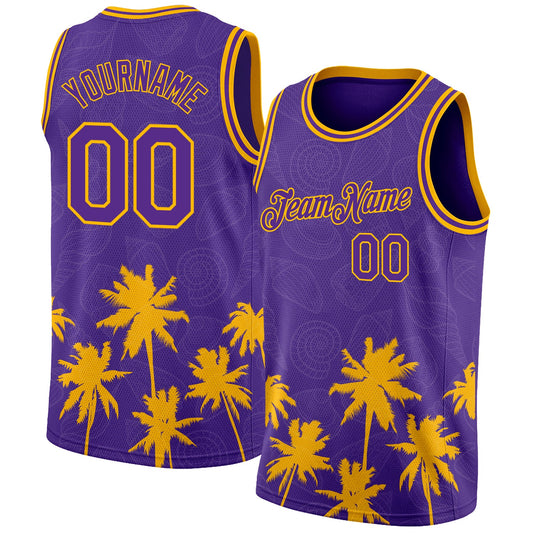 Custom Purple Gold 3D Pattern Hawaii Palm Trees Authentic Basketball Jersey - Sky-Custom