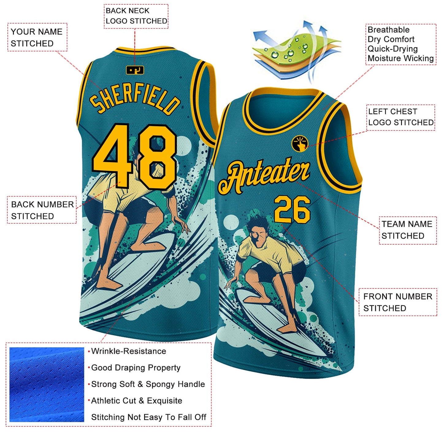 Custom Teal Gold-Black 3D Pattern Beach Surfing Authentic Basketball Jersey - Sky-Custom
