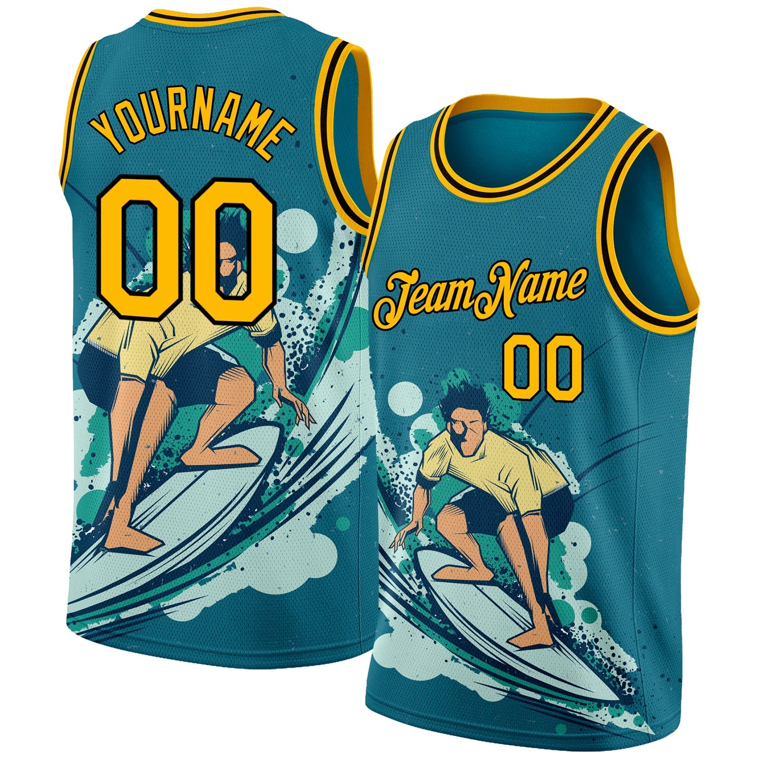Custom Teal Gold-Black 3D Pattern Beach Surfing Authentic Basketball Jersey - Sky-Custom