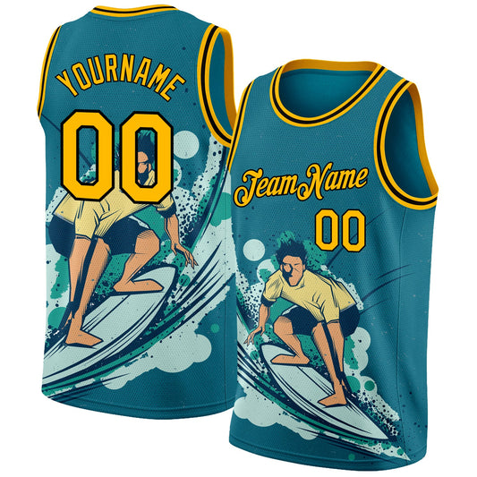Custom Teal Gold-Black 3D Pattern Beach Surfing Authentic Basketball Jersey - Sky-Custom