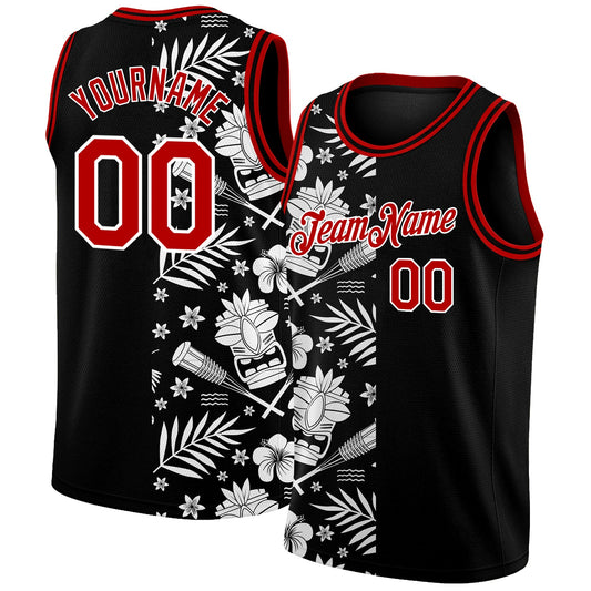 Custom Black Red-White 3D Pattern Hawaii Palm Leaves Authentic Basketball Jersey - Sky-Custom