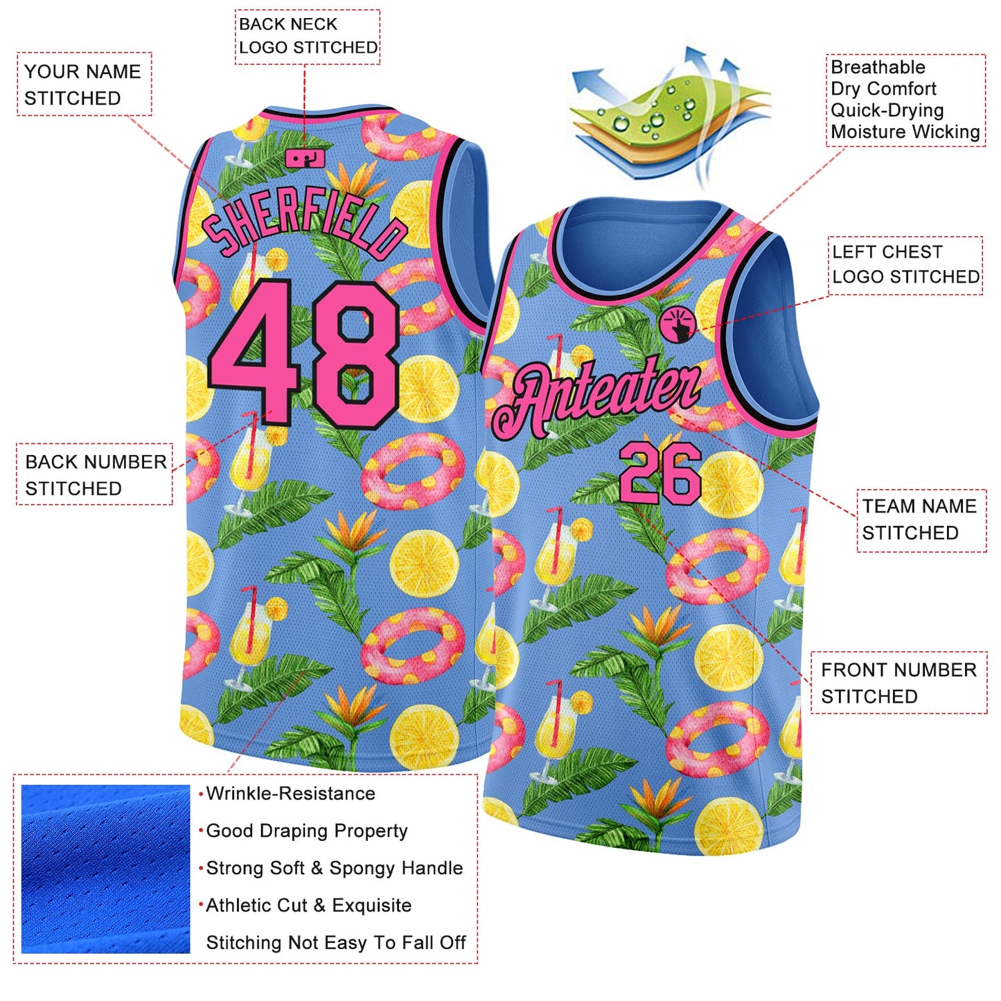 Custom Light Blue Pink-Black 3D Pattern Summer Hawaii Beach Holiday Authentic Basketball Jersey - Sky-Custom