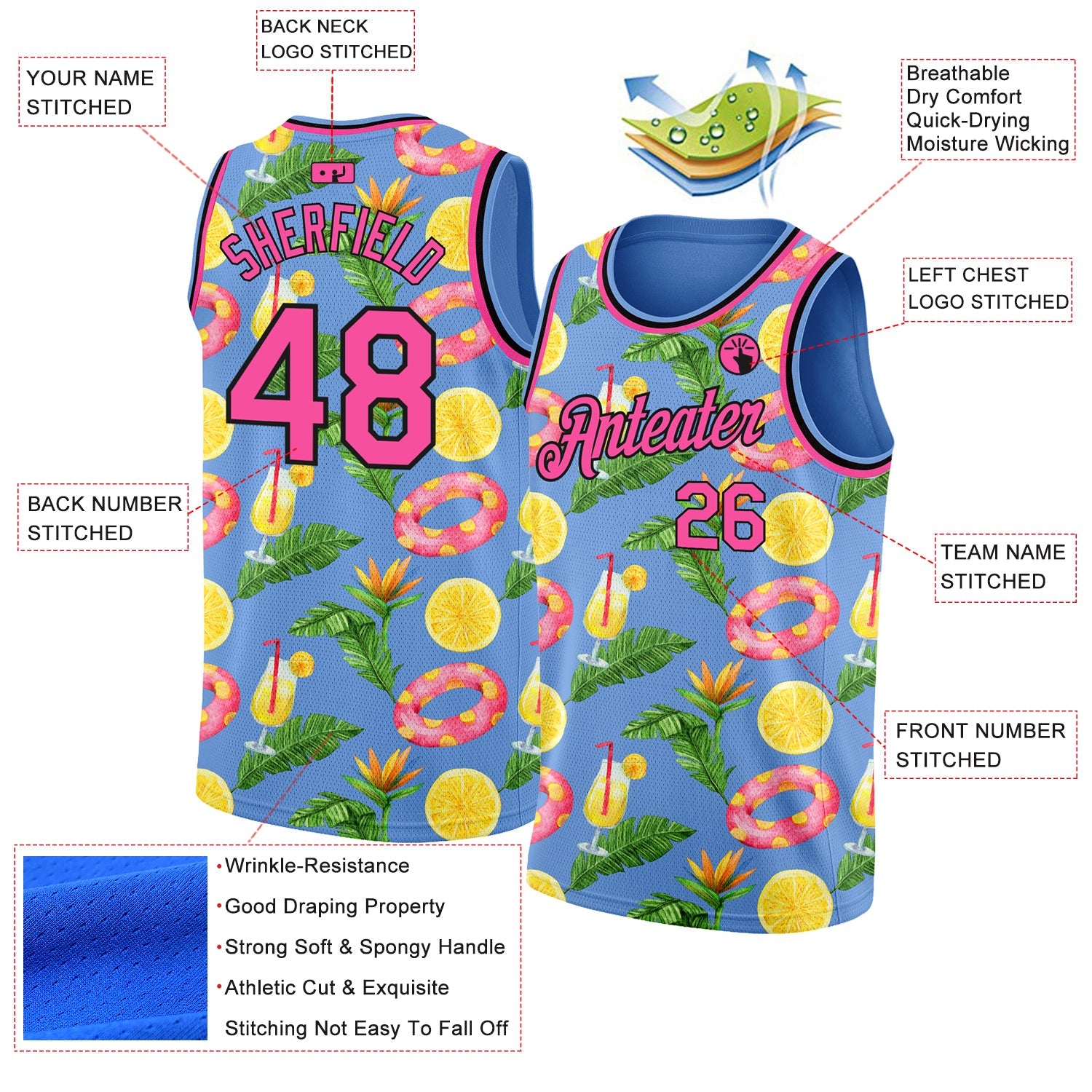 Custom Light Blue Pink-Black 3D Pattern Summer Hawaii Beach Holiday Authentic Basketball Jersey - Sky-Custom