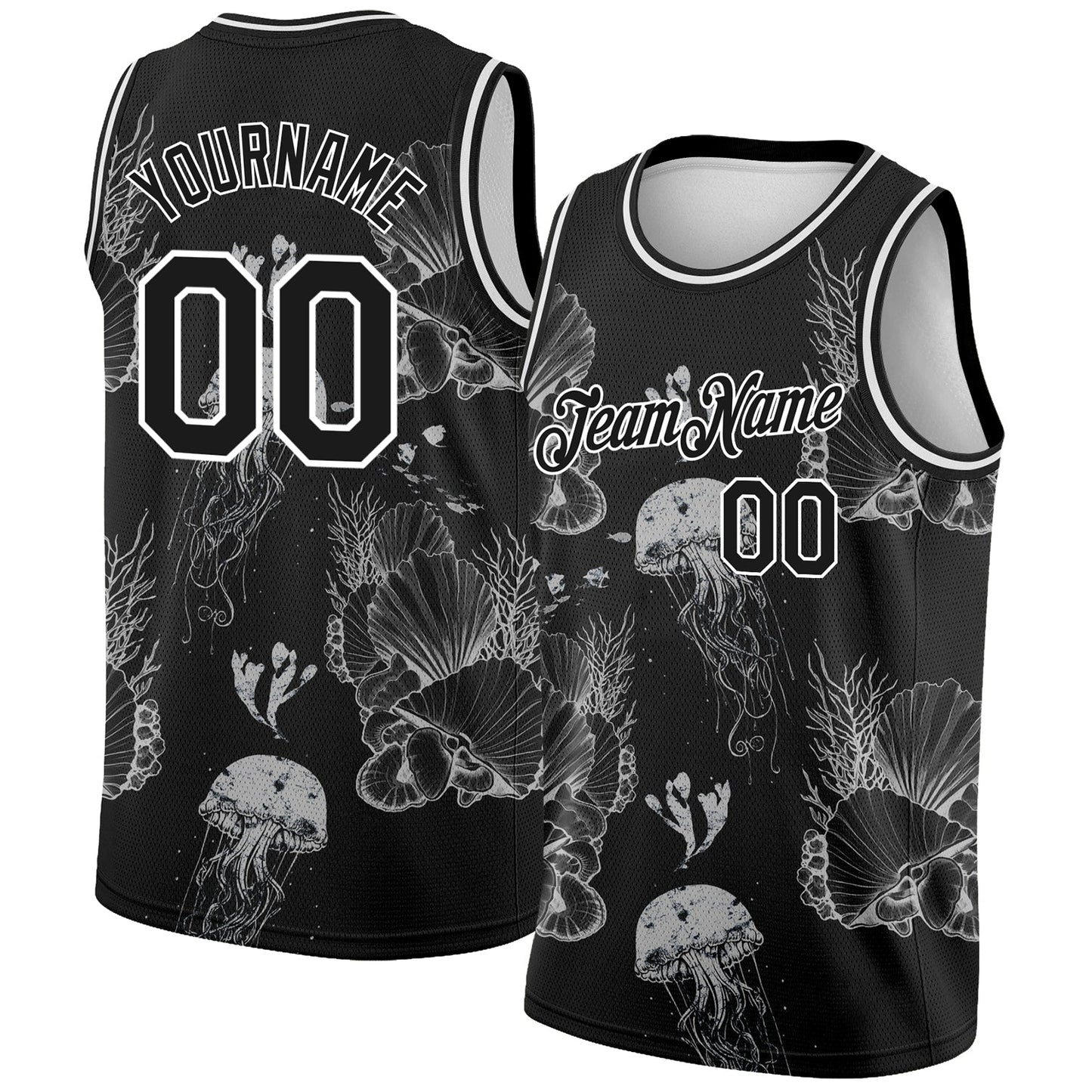 Custom Black White 3D Pattern Design Jellyfishes And Seashells Authentic Basketball Jersey - Sky-Custom