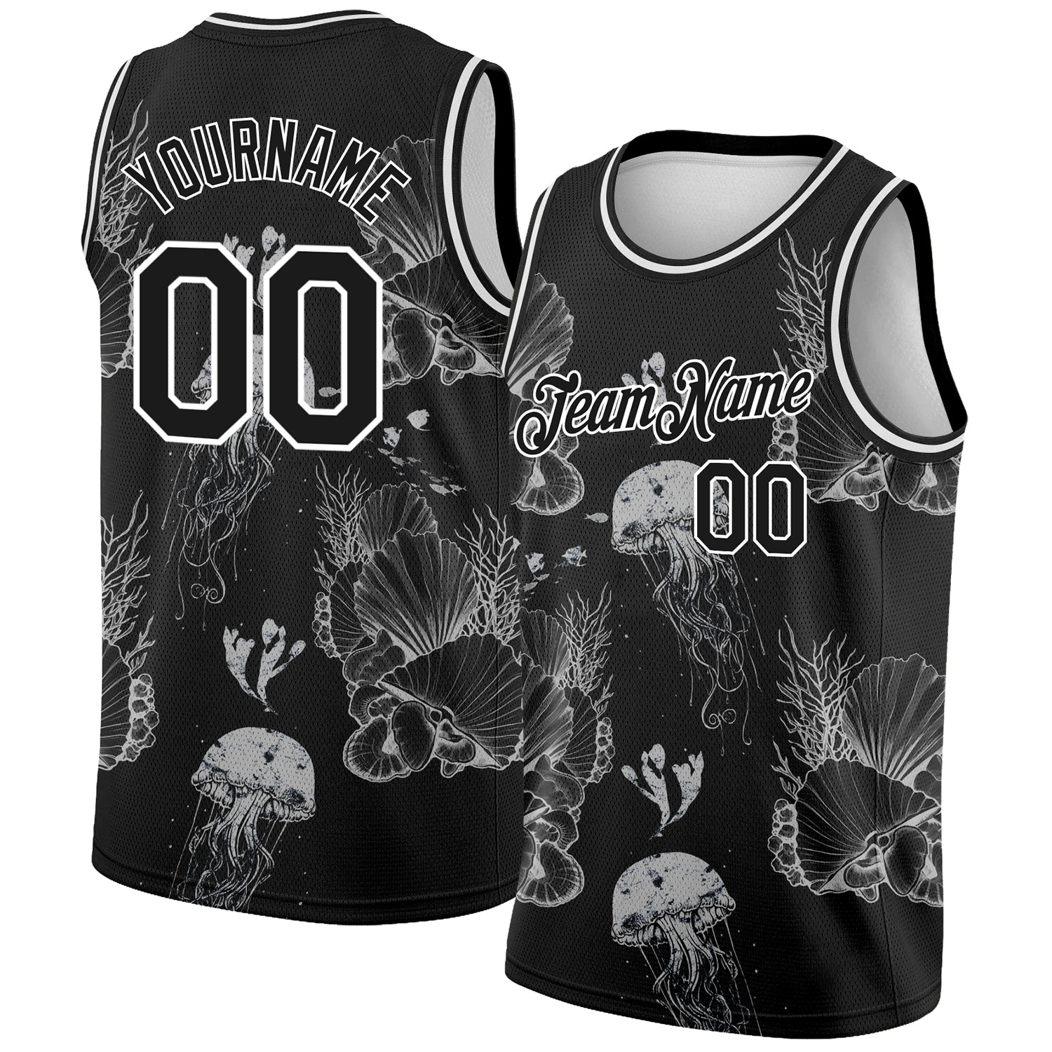 Custom Black White 3D Pattern Design Jellyfishes And Seashells Authentic Basketball Jersey - Sky-Custom