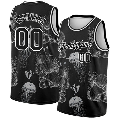 Custom Black White 3D Pattern Design Jellyfishes And Seashells Authentic Basketball Jersey - Sky-Custom