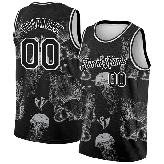Custom Black White 3D Pattern Design Jellyfishes And Seashells Authentic Basketball Jersey - Sky-Custom