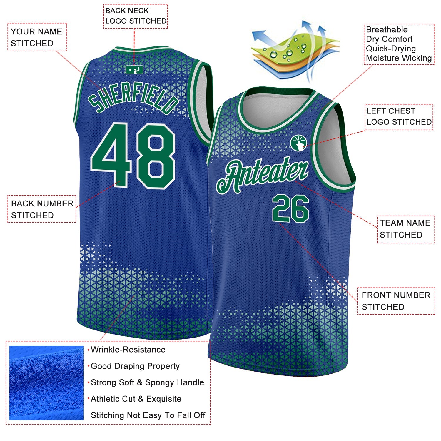 Custom Royal Kelly Green-White Triangle Shapes Authentic City Edition Basketball Jersey - Sky-Custom