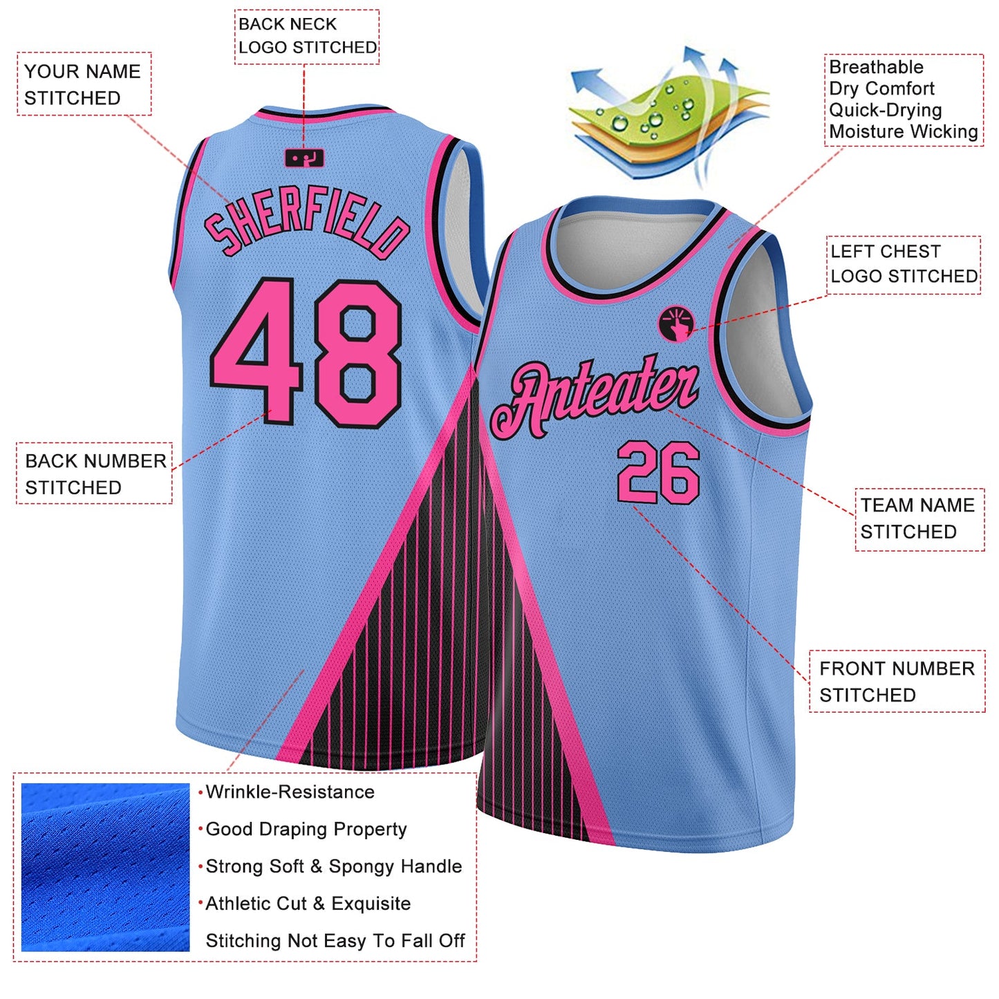 Custom Light Blue Pink-Black Triangle Pinstripes Authentic City Edition Basketball Jersey - Sky-Custom
