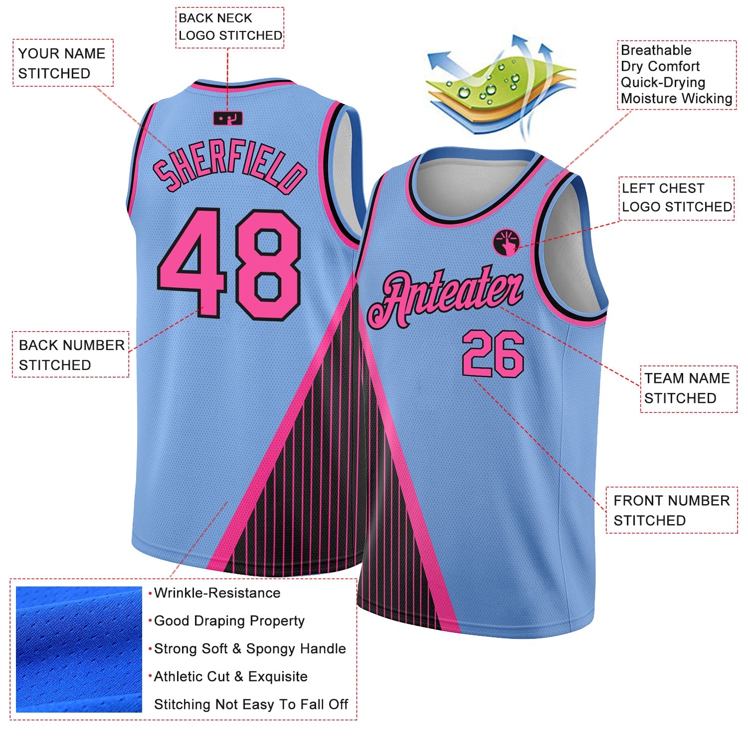 Custom Light Blue Pink-Black Triangle Pinstripes Authentic City Edition Basketball Jersey - Sky-Custom