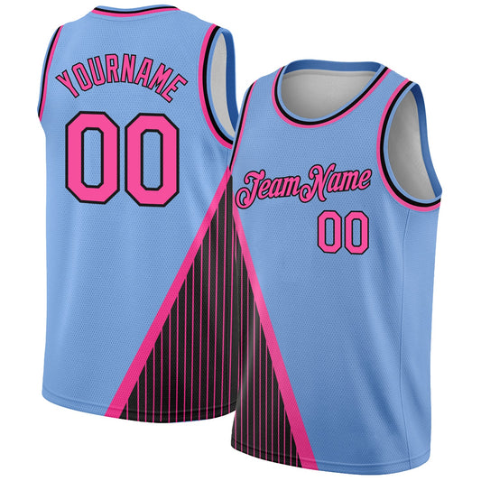 Custom Light Blue Pink-Black Triangle Pinstripes Authentic City Edition Basketball Jersey - Sky-Custom