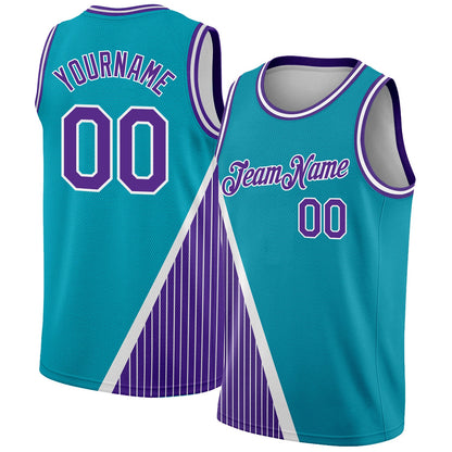 Custom Teal Purple-White Triangle Pinstripes Authentic City Edition Basketball Jersey - Sky-Custom
