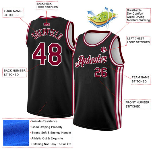 Custom Black Maroon-White Side Stripes Authentic City Edition Basketball Jersey - Sky-Custom