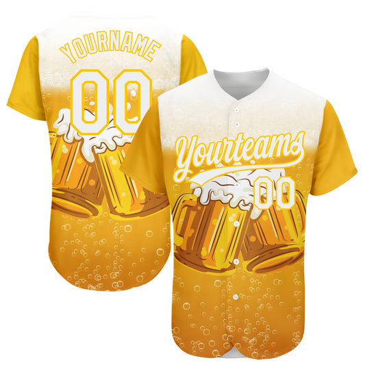 Custom Yellow White 3D Pattern Design International Beer Day Authentic Baseball Jersey - Sky-Custom