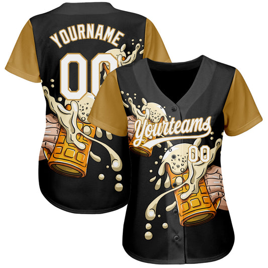 Custom Black White-Old Gold 3D Pattern Design Beer Festival Authentic Baseball Jersey - Sky-Custom