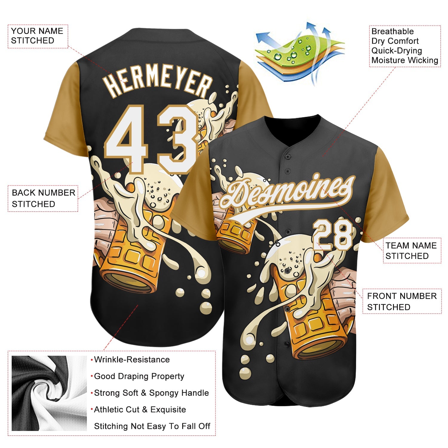Custom Black White-Old Gold 3D Pattern Design Beer Festival Authentic Baseball Jersey - Sky-Custom