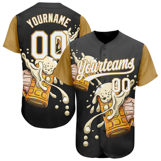 Custom Black White-Old Gold 3D Pattern Design Beer Festival Authentic Baseball Jersey - Sky-Custom