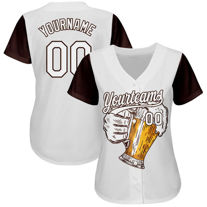Custom White Brown 3D Pattern Design Beer Festival Authentic Baseball Jersey - Sky-Custom