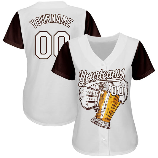 Custom White Brown 3D Pattern Design Beer Festival Authentic Baseball Jersey - Sky-Custom