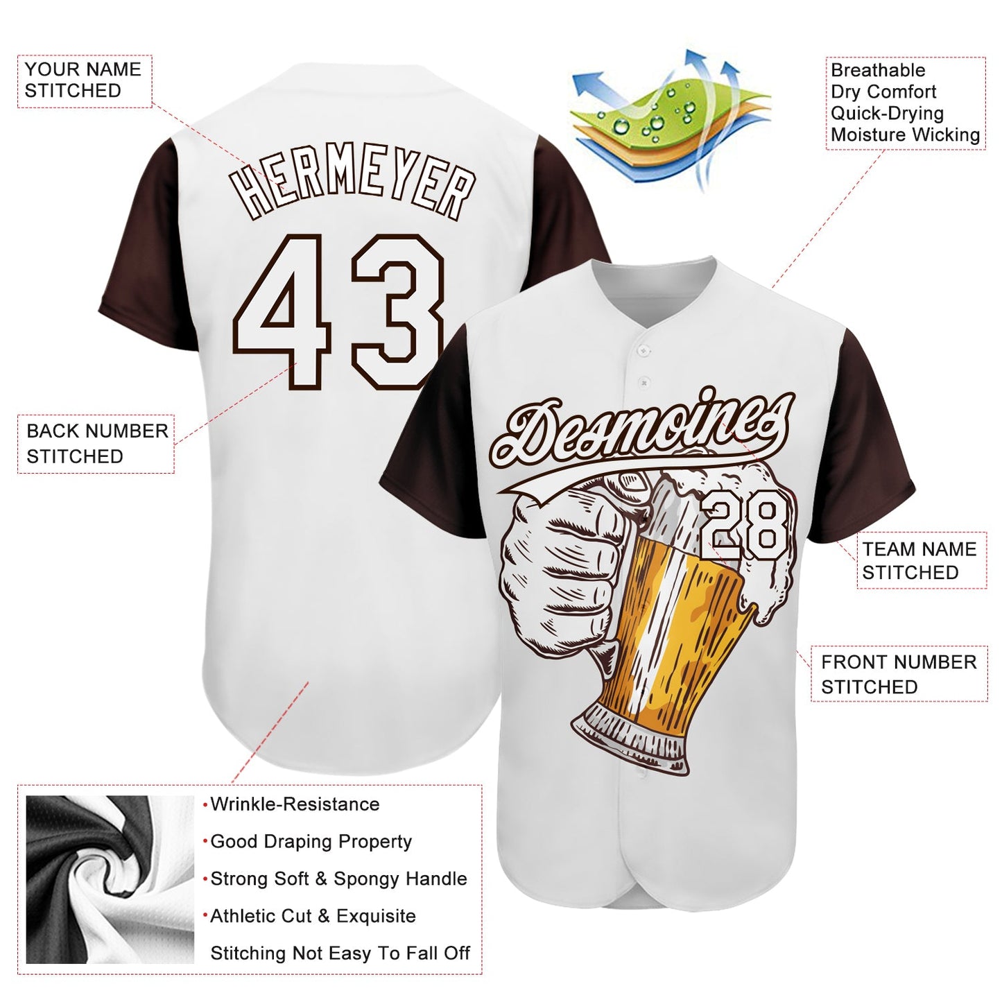 Custom White Brown 3D Pattern Design Beer Festival Authentic Baseball Jersey - Sky-Custom