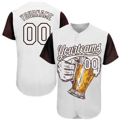 Custom White Brown 3D Pattern Design Beer Festival Authentic Baseball Jersey - Sky-Custom