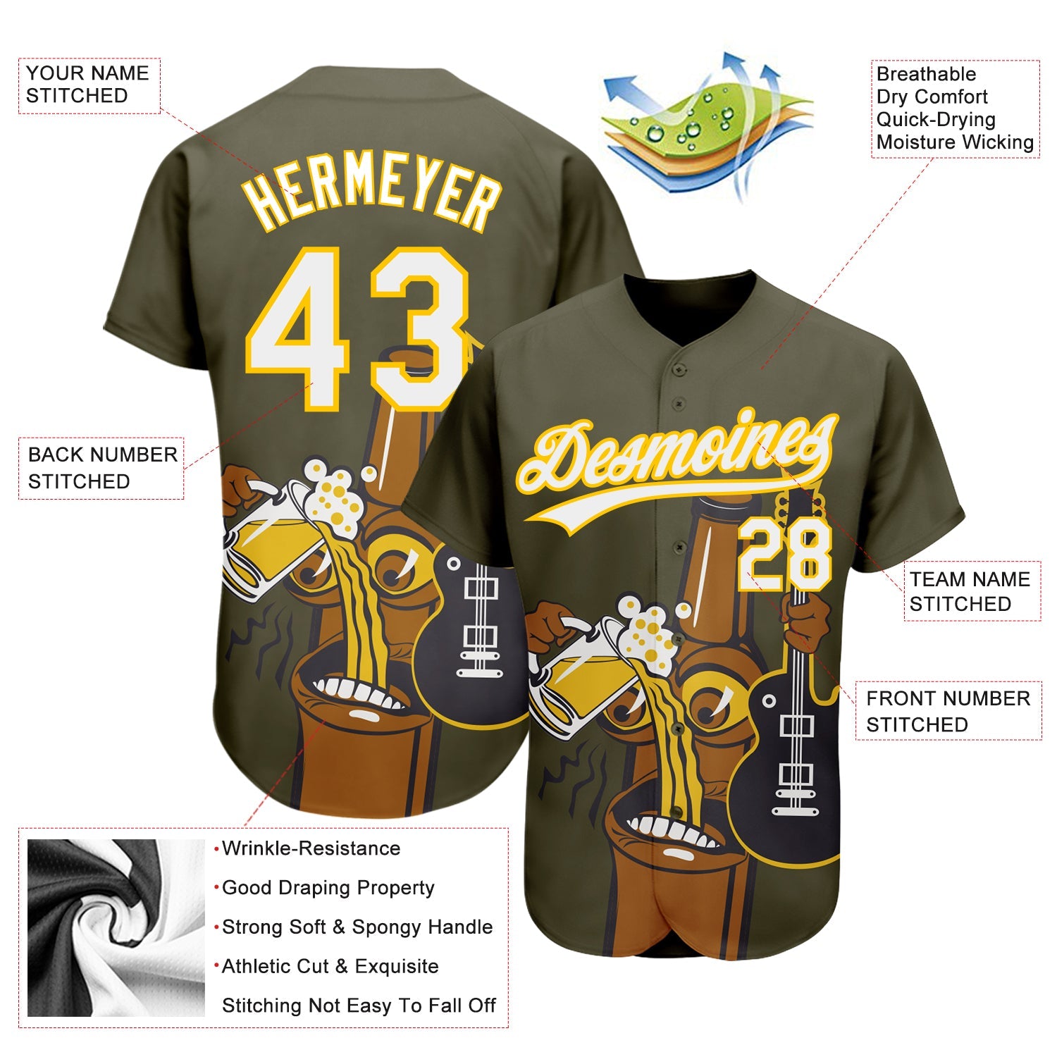 Custom Olive White-Yellow 3D Pattern Design Beer And Music Authentic Baseball Jersey - Sky-Custom