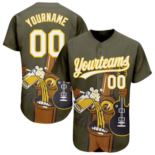 Custom Olive White-Yellow 3D Pattern Design Beer And Music Authentic Baseball Jersey - Sky-Custom