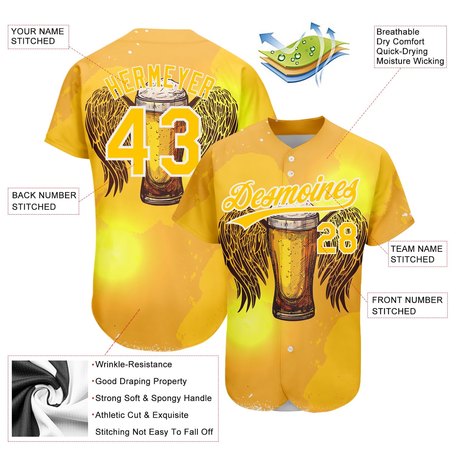 Custom Yellow White 3D Pattern Design Beer Authentic Baseball Jersey - Sky-Custom