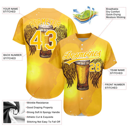Custom Yellow White 3D Pattern Design Beer Authentic Baseball Jersey - Sky-Custom