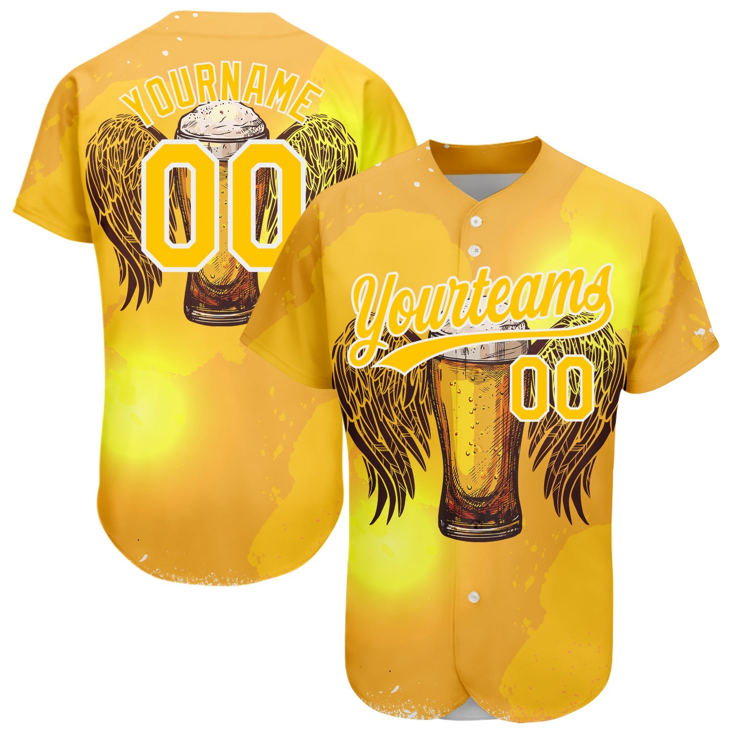 Custom Yellow White 3D Pattern Design Beer Authentic Baseball Jersey - Sky-Custom