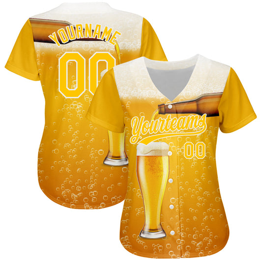Custom Yellow White 3D Pattern Design Beer Authentic Baseball Jersey - Sky-Custom