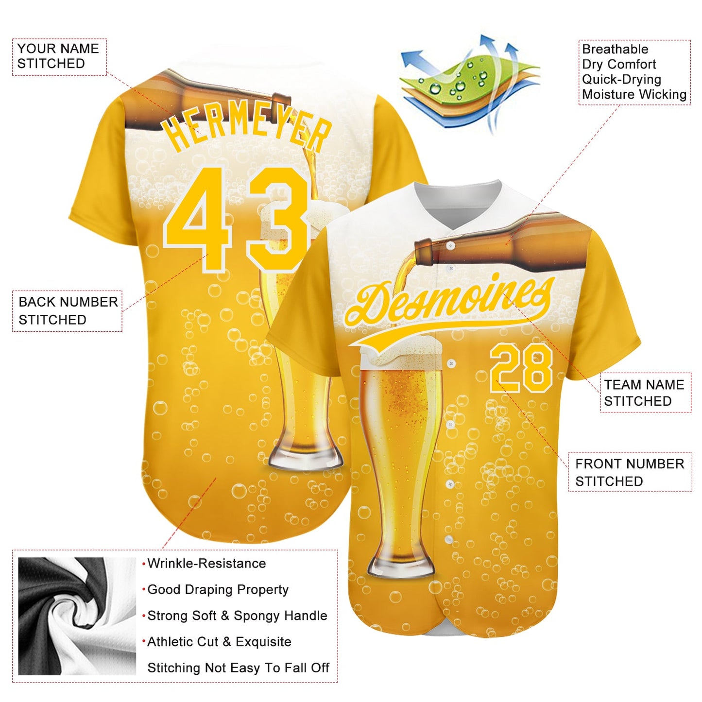 Custom Yellow White 3D Pattern Design Beer Authentic Baseball Jersey - Sky-Custom
