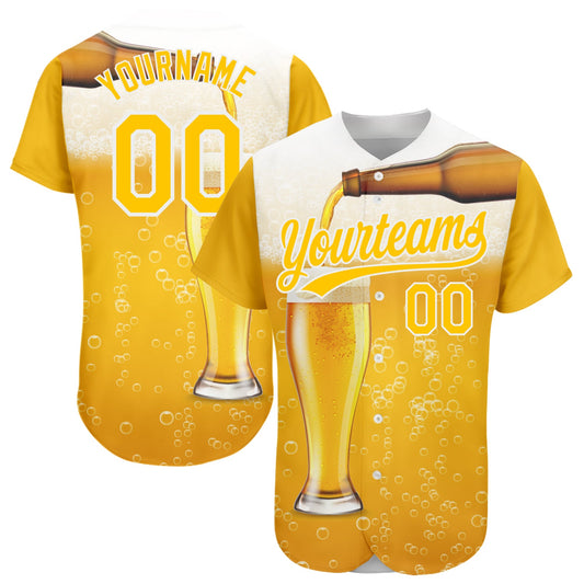 Custom Yellow White 3D Pattern Design Beer Authentic Baseball Jersey - Sky-Custom