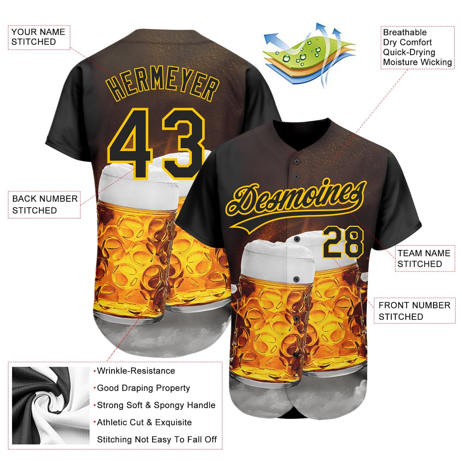 Custom Black Yellow 3D Pattern Design Beer Festival Authentic Baseball Jersey - Sky-Custom