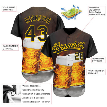 Custom Black Yellow 3D Pattern Design Beer Festival Authentic Baseball Jersey - Sky-Custom