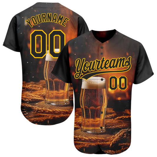 Custom Black Yellow 3D Pattern Design International Beer Day Authentic Baseball Jersey - Sky-Custom